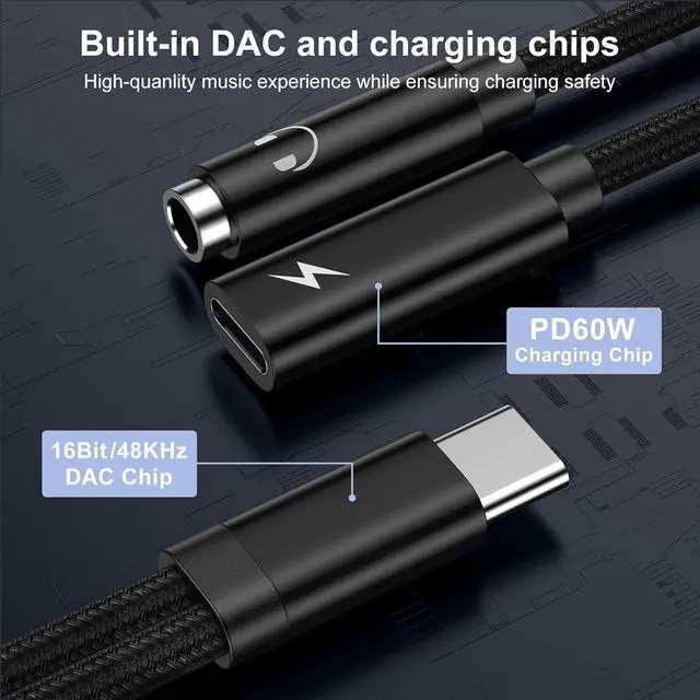 Alt view image 4 of 7 - USB C to 3.5mm Headphone and Charger Adapter for  Galaxy A55 A35 S25 S24 S23 Ultra A16 A15 A54 2 in 1 USB Type C to Aux Audio Jack Adapter with PD 60W Fast Charging Dongle Cable for iPhone 16