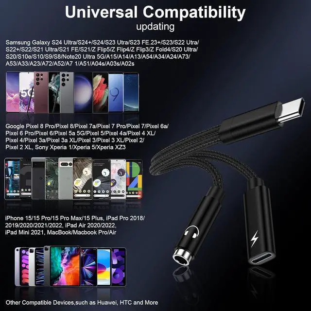 Alt view image 6 of 7 - USB C to 3.5mm Headphone and Charger Adapter for  Galaxy A55 A35 S25 S24 S23 Ultra A16 A15 A54 2 in 1 USB Type C to Aux Audio Jack Adapter with PD 60W Fast Charging Dongle Cable for iPhone 16
