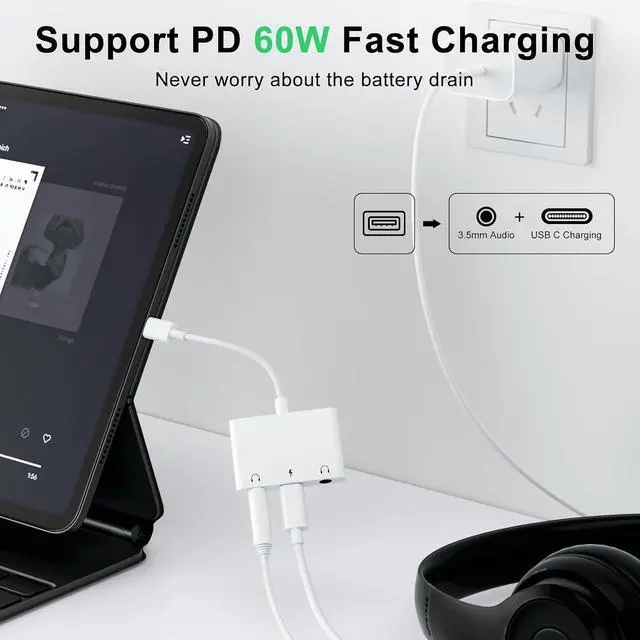 Alt view image 3 of 7 - Headphone Adapter for iPad Headphone Splitter for 2 Headphones 3 in 1 USB C to 3.5mm Jack Audio Adapter with 60W Fast Charging Compatible with S24/23 Ultra.