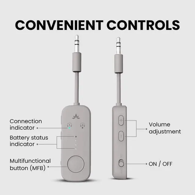 Alt view image 7 of 7 - Relay - Premium Airplane Bluetooth 5.3 Adapter Supports 2 AirPods or Headphones with aptX Adaptive 3.5mm AUX Jack Wireless Audio Transmitter for Planes Airline Travel TV