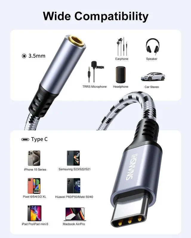 Alt view image 7 of 7 - USB C to 3.5mm Audio Adapter - USB C Headphone Adapter Compatible with iPhone 16/15 Pro Max/15 Pro/15  Galaxy S24/S23/S22/S21 Ultra iPad Pro Pixel 8
