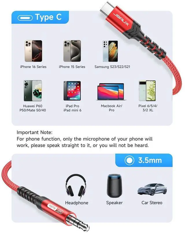 Alt view image 6 of 7 - USB C to 3.5mm Audio Aux Jack Cable Compatible with iPhone 16 Pro Max/15 Pro Max Plus [3.3ft] USB Type C to 3.5mm Headphone Stereo Cord Car for  Galaxy S24 S23 iPad Pro Pixel 9/8-Red