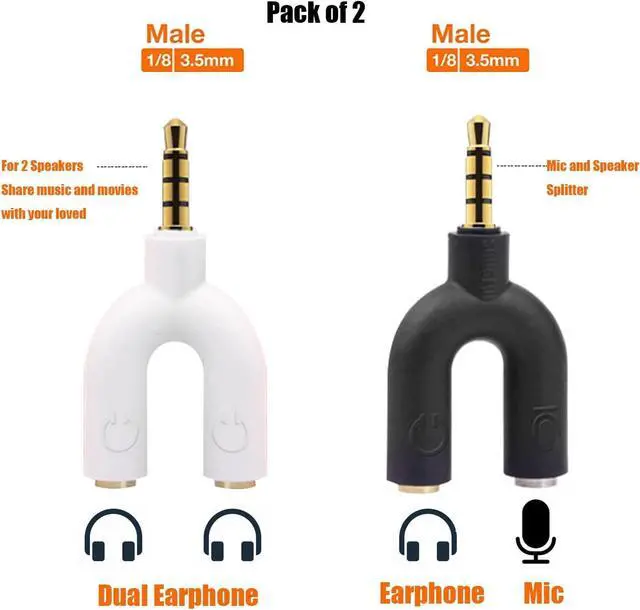 Alt view image 2 of 7 - 2 Pack Dual 3.5mm Jack Splitter Headphone and Mic TRRS 4 Pins