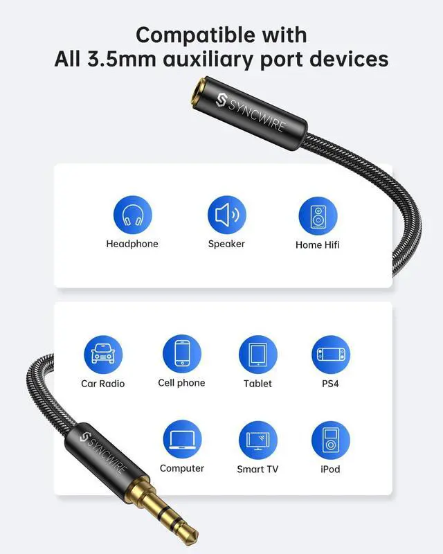 Alt view image 2 of 7 - Syncwire Headphone Extension Cable - 6FT [Hi-Fi Sound][Gold Plated Jack][TRS] Nylon-Braided 3.5mm Male to Female Audio Extension Cord Compatible with iPhone iPad Smartphone Tablets Media Players