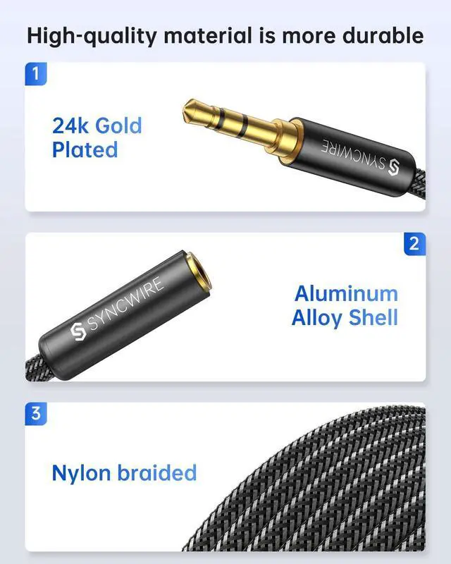 Alt view image 4 of 7 - Syncwire Headphone Extension Cable - 6FT [Hi-Fi Sound][Gold Plated Jack][TRS] Nylon-Braided 3.5mm Male to Female Audio Extension Cord Compatible with iPhone iPad Smartphone Tablets Media Players