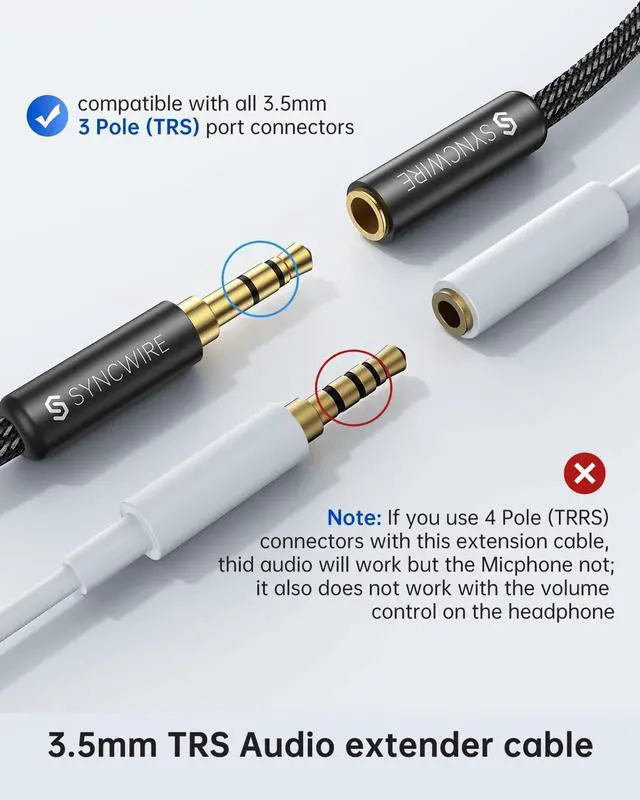 Alt view image 5 of 7 - Syncwire Headphone Extension Cable - 6FT [Hi-Fi Sound][Gold Plated Jack][TRS] Nylon-Braided 3.5mm Male to Female Audio Extension Cord Compatible with iPhone iPad Smartphone Tablets Media Players