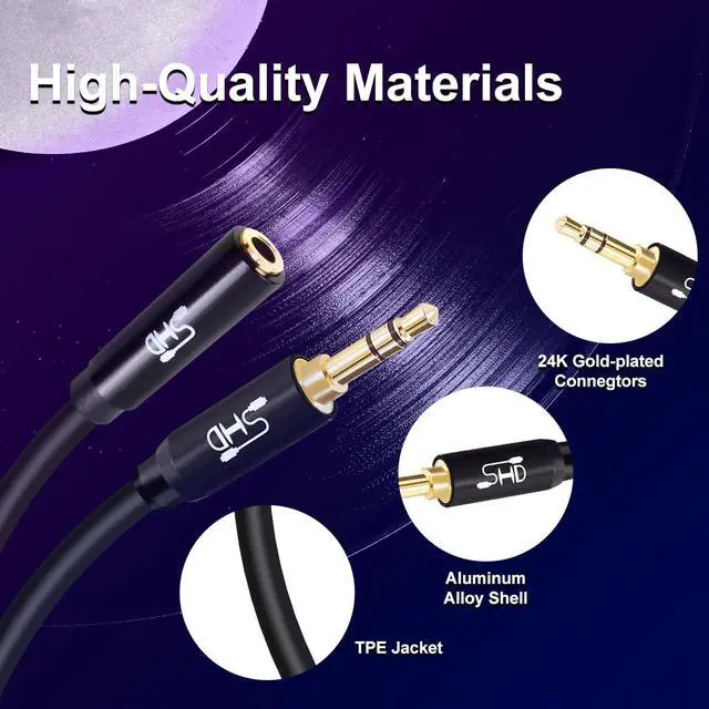 Alt view image 4 of 7 - Audio Extension Cable Male to Female 3.5mm Aux Stereo Cable 24K Gold Plated Step Down Design Metal Connectors with High Purity OFC Conductor Black-10Feet