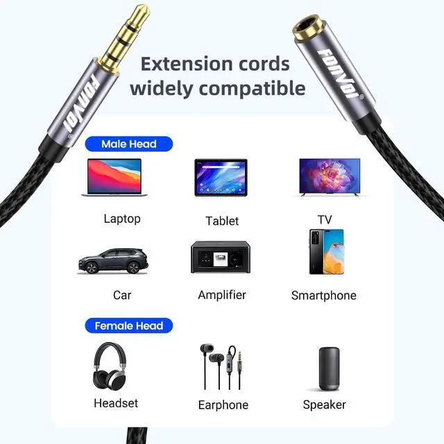 Alt view image 3 of 7 - TRRS Headphone Extension Cable 4 Pole 3.5mm Stereo Jack Male to Female Aux Extension Cable Audio Extension Cable for Headphones/Microphones/Tablets/Computers/PS4 and More (8FT)