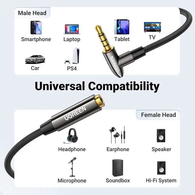 Alt view image 7 of 7 - Headphone Extension Cable with MIC 4 Pole 3.5mm Extension TRRS Jack Stereo Extender Cord Right Angled Compatible with Gaming Headset Earphone Switch Lite PS4 TV PC Car Speaker 10FT