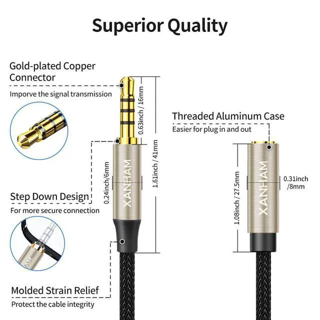 Alt view image 4 of 6 - 3.5mm TRRS Headphone Extension Cable 3.3 Feet /1M 4 Pole 1/8 Inch Auxiliary Audio Mini Jack Cord with Microphone Female to Male Compatible with Smartphone iPhone iPad Tablet etc