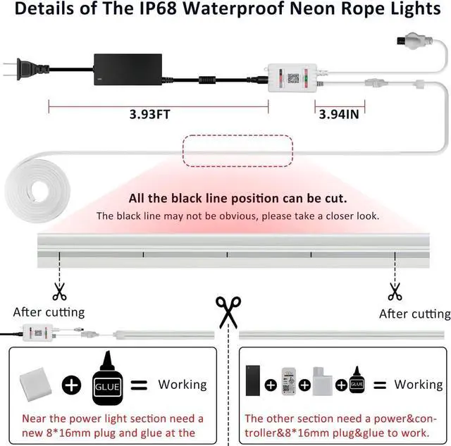 Alt view image 7 of 7 - Neon Rope Lights 16.4FT RGB LED Strip Lights App Control IR Remote Outdoor IP67 Waterproof Music Syncing Flexible DIY Design for Bedroom Gaming Party Christmas Decor