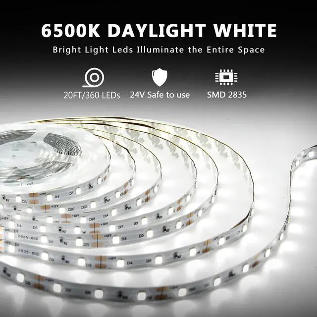 Alt view image 2 of 7 - White LED Strip Lights 20ft Dimmable Super Bright 24V Led Tape Light 6500K 360 LEDs Lights for Bedrooms Mirror Kitchen Home Decoration Daylight White