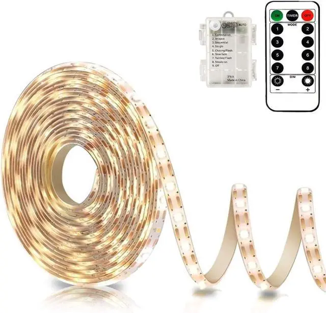 Main image of Battery Powered Led Strip Lights with Remote Warm White 8 Modes Dimmable Timer Self-Adhesive Cuttable Waterproof 9.8FT 90Led Strip Lights for TV Kitchen Cupboard Bedroom Decor