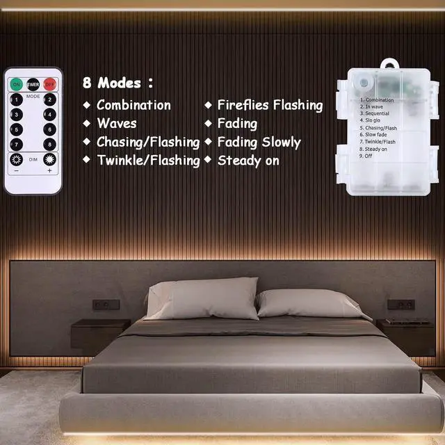 Alt view image 6 of 7 - Battery Powered Led Strip Lights with Remote Warm White 8 Modes Dimmable Timer Self-Adhesive Cuttable Waterproof 9.8FT 90Led Strip Lights for TV Kitchen Cupboard Bedroom Decor