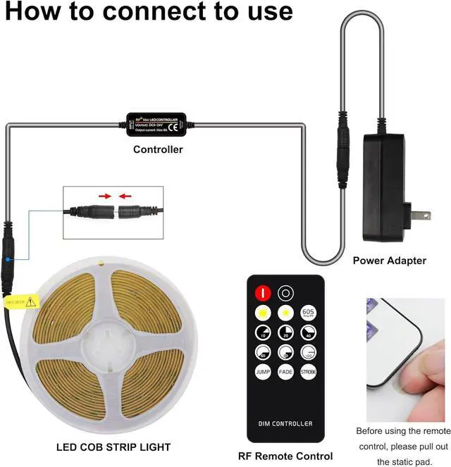 Alt view image 4 of 6 - COB LED Strip Light Warm White High Bright LED Strips with 2400LEDs RF Remote and UL Power Supply 3000K Dimmable LED Lights for Bedroom Kitchen DIY Home Decoration
