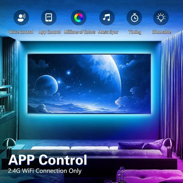 Alt view image 2 of 7 - 16.4ft Smart LED Strip Lights WiFi LED Lights Strip Work with Alexa and Google Assistant RGB 16 Million Colors with App Control Music Sync LED Lights for Bedroom USB Led Lights for TV 45-75 Inch