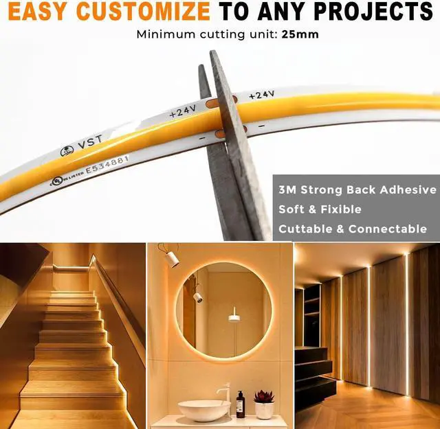 Alt view image 5 of 7 - 16.4ft COB LED Strip Lights Cool White 6500K 12V Dimmable LED Tape Light 48w 2400LEDs Ra 93+ IP30 Lighting for Kitchen Cabinets UL Listed (Power Source Not Included)