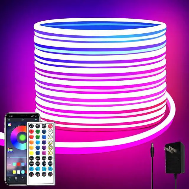 Main image of 32.8ft LED neon Lights with Remote APP Control IP65 Waterproof Flexible Neon Strip Lights 24V RGB Rope Lights for Bedroom Room Outdoors Décor