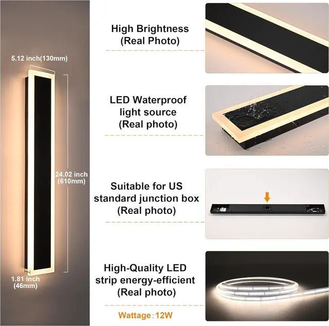 Alt view image 4 of 7 - 2 Pack-24inch Outdoor Long Modern LED Wall Light Waterproof IP65 Warm White Dimmable Led Wall Mount Lighting Fixture Rectangular Wall Sconce with Frosted White Acrylic