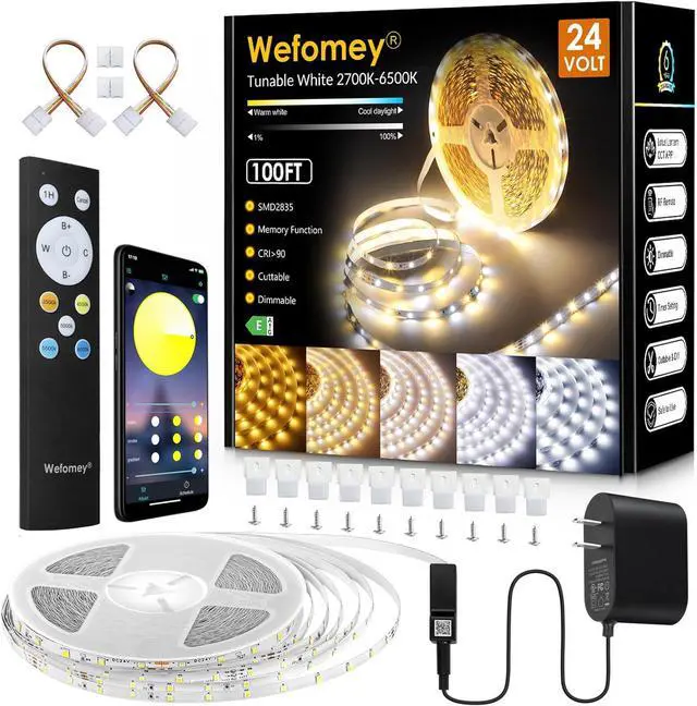Main image of White LED Strip Lights 100ft Dimmable Bright 24V Led Tape Light with Remote and App Control 2700K-6500K White 1440 LEDs Lights for Bedroom Kitchen Ceiling (1 Rolls of 100ft)