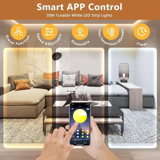 Alt view image 3 of 7 - White LED Strip Lights 100ft Dimmable Bright 24V Led Tape Light with Remote and App Control 2700K-6500K White 1440 LEDs Lights for Bedroom Kitchen Ceiling (1 Rolls of 100ft)