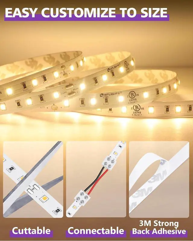 Alt view image 6 of 7 - 24V LED Strip Lights Warm White 3000K 26.2ft Cuttable Tape Backed 3oz PCB UL Listed 1325 Lumen/m CRI>95 IP20 Lighting for Bedroom Kitchen Under Cabinets (Power Source Not Included)