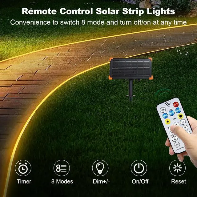 Alt view image 3 of 7 - 50Ft Solar Strip Lights Outdoor Waterproof LED Light Strip Auto On/Off Rechargeable Strip Lights 8 Mode with Remote Timer Acrylic Tape for Deck Patio Pool Pathway Camping Decor (Warm White)