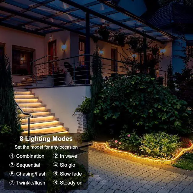 Alt view image 4 of 7 - 50Ft Solar Strip Lights Outdoor Waterproof LED Light Strip Auto On/Off Rechargeable Strip Lights 8 Mode with Remote Timer Acrylic Tape for Deck Patio Pool Pathway Camping Decor (Warm White)