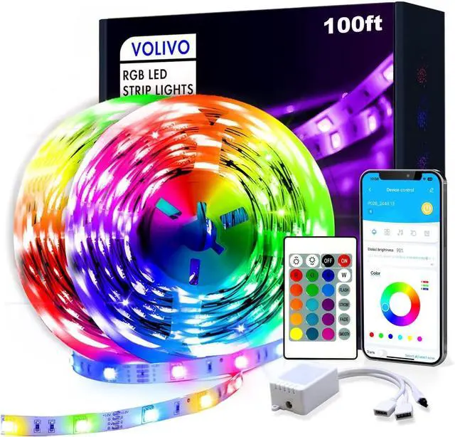 Main image of 100ft RGB Led Strip Lights Color Changing Led Light Strips Kit with 24 Keys IR Remote Control Music Sync Lighting for Bedroom Room Home