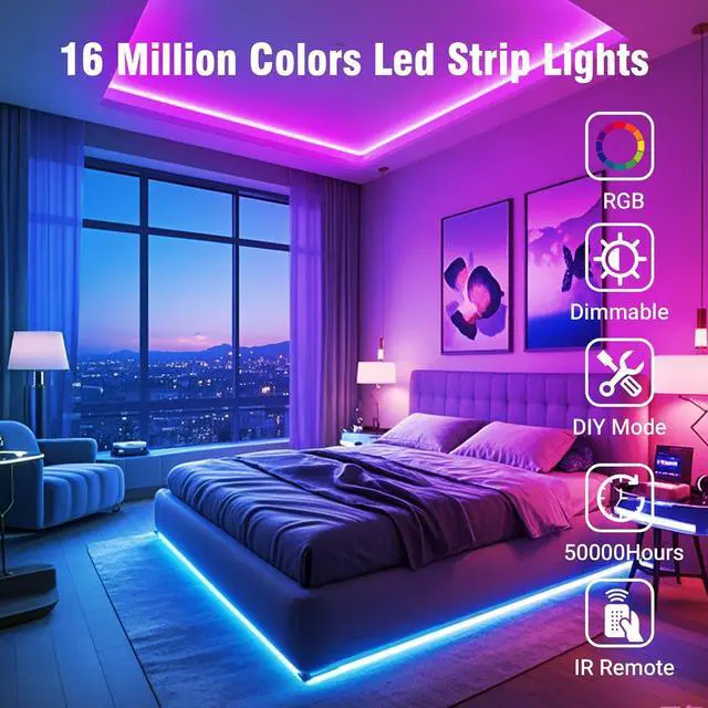 Alt view image 3 of 7 - 100ft RGB Led Strip Lights Color Changing Led Light Strips Kit with 24 Keys IR Remote Control Music Sync Lighting for Bedroom Room Home