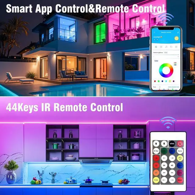 Alt view image 6 of 7 - 100ft RGB Led Strip Lights Color Changing Led Light Strips Kit with 24 Keys IR Remote Control Music Sync Lighting for Bedroom Room Home