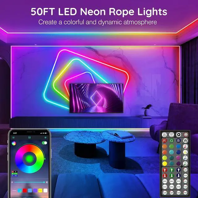 Alt view image 2 of 7 - 50FT Led Neon Rope Lights Control with App/Remote Flexible Led Rope Light Multiple Modes IP65 Outdoor RGB Lights Waterproof Music Sync Gaming Led Neon Strip Light for Bedroom Decor