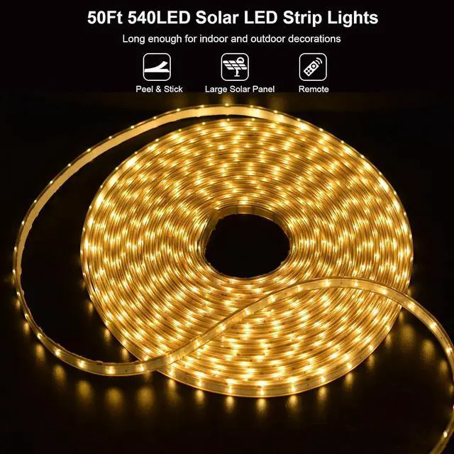 Alt view image 2 of 7 - 50Ft Solar LED Strip Lights Outdoor 540 LED Long Strip Lights IP68 Fully Waterproof Acrylic Tape with Remote Self-adhesive Cuttable Auto ON/OFF Rope Lights for Patio Pool Camping Decor (Warm White)
