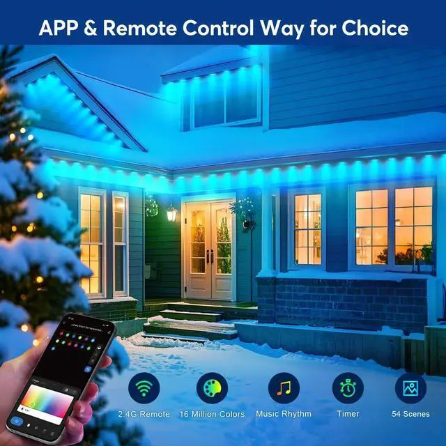 Alt view image 2 of 6 - Permanent LED Strip Lights 200ft(1 String) RGB App Control Outdoor Lights with 100 LEDs LED Eaves Lights IP67 Waterproof House Roof Outdoor Lighting for Party Daily Halloween Christmas Garden