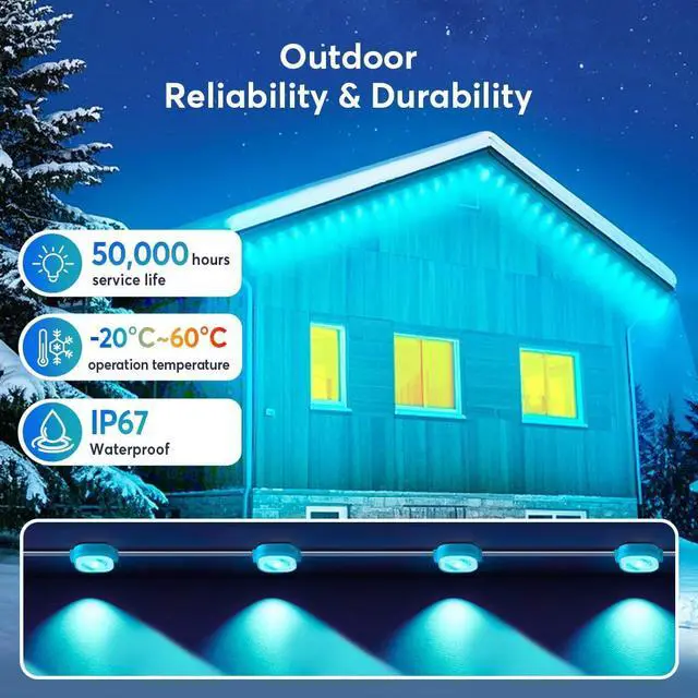 Alt view image 3 of 6 - Permanent LED Strip Lights 200ft(1 String) RGB App Control Outdoor Lights with 100 LEDs LED Eaves Lights IP67 Waterproof House Roof Outdoor Lighting for Party Daily Halloween Christmas Garden