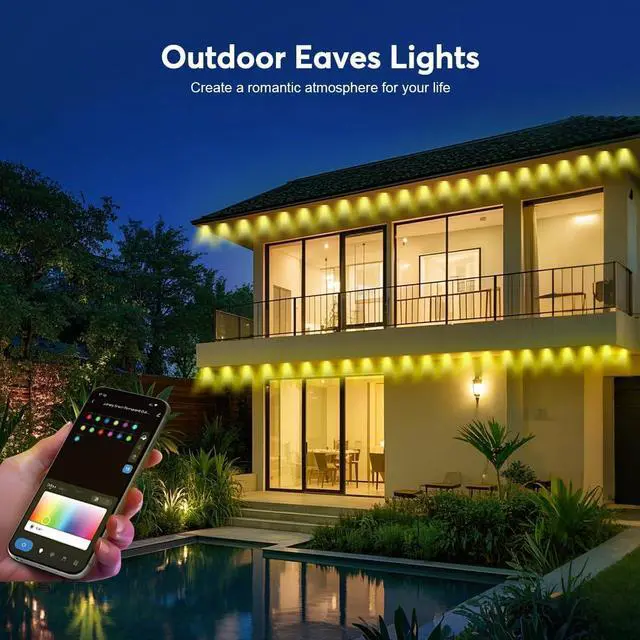 Alt view image 4 of 6 - Permanent LED Strip Lights 200ft(1 String) RGB App Control Outdoor Lights with 100 LEDs LED Eaves Lights IP67 Waterproof House Roof Outdoor Lighting for Party Daily Halloween Christmas Garden