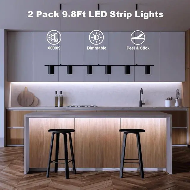 Alt view image 2 of 7 - 2 PCS Strip Lights Battery Operated 9.8Ft 90 LED Strip Lights Self-Adhesive with Remote Timer Flexible Cuttable Light Strip for Bedroom TV Boat Kitchen Cupboard Decor (Cool White)