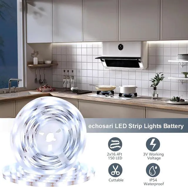 Alt view image 5 of 7 - 2 PCS Strip Lights Battery Operated 9.8Ft 90 LED Strip Lights Self-Adhesive with Remote Timer Flexible Cuttable Light Strip for Bedroom TV Boat Kitchen Cupboard Decor (Cool White)