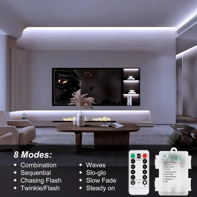 Alt view image 6 of 7 - 2 PCS Strip Lights Battery Operated 9.8Ft 90 LED Strip Lights Self-Adhesive with Remote Timer Flexible Cuttable Light Strip for Bedroom TV Boat Kitchen Cupboard Decor (Cool White)