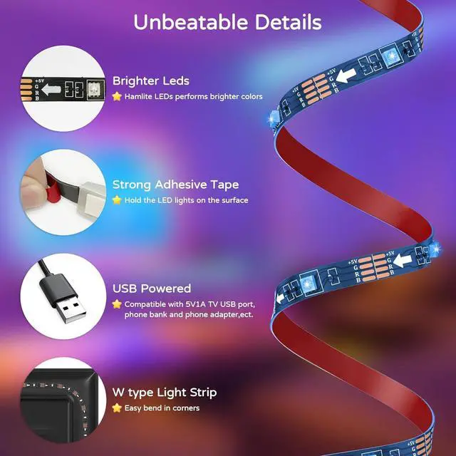 Alt view image 5 of 7 - Led Lights for TV 82 85 86 90 95 Inches 21Ft TV Led Backlight for TV Home Theater Ambient Lighting Gaming Decor Room Decor Easy-Bending Design TV Lights USB Powered TV Lights