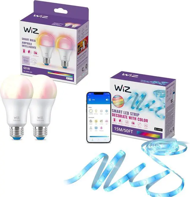 Main image of WiZ - Bundle - RGB LED Strip 15m Plus 2 60W A19 Color Bulbs - Control with Voice or App + Activate with Motion - Matter Compatible