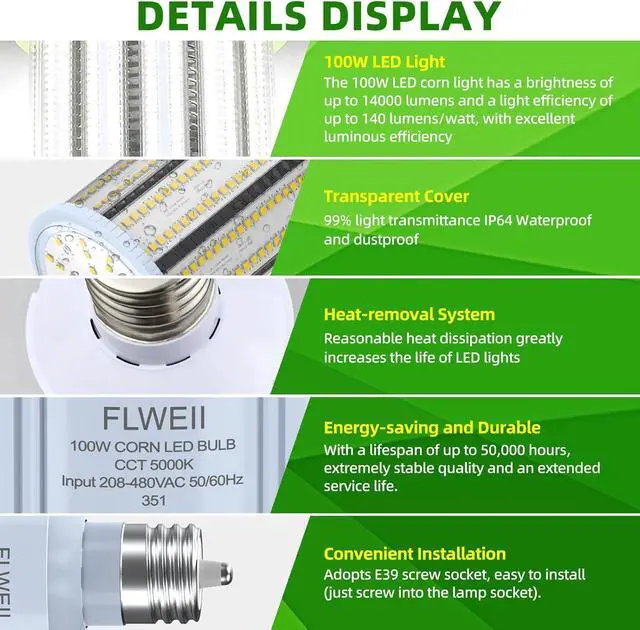 Alt view image 3 of 7 - 2-Pack LED Corn Light Bulb 208-480V 100W E39 Mogul Base 5000K 14000 LM Replacement 400W HPS/MH for Indoor Outdoor Garage Warehouse Factory Backyard