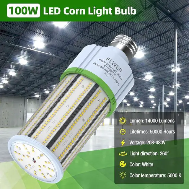 Alt view image 4 of 7 - 2-Pack LED Corn Light Bulb 208-480V 100W E39 Mogul Base 5000K 14000 LM Replacement 400W HPS/MH for Indoor Outdoor Garage Warehouse Factory Backyard