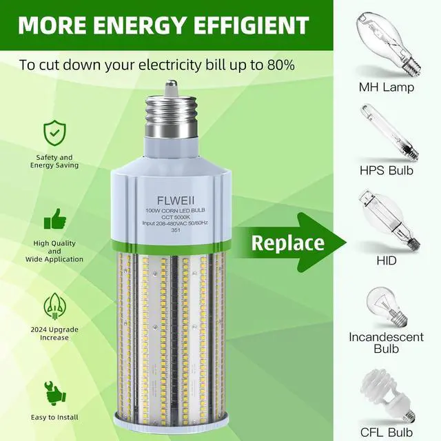 Alt view image 5 of 7 - 2-Pack LED Corn Light Bulb 208-480V 100W E39 Mogul Base 5000K 14000 LM Replacement 400W HPS/MH for Indoor Outdoor Garage Warehouse Factory Backyard