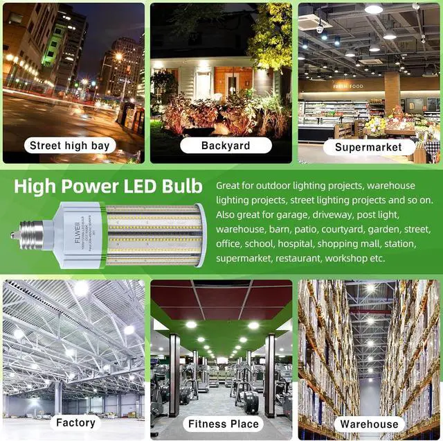 Alt view image 7 of 7 - 2-Pack LED Corn Light Bulb 208-480V 100W E39 Mogul Base 5000K 14000 LM Replacement 400W HPS/MH for Indoor Outdoor Garage Warehouse Factory Backyard