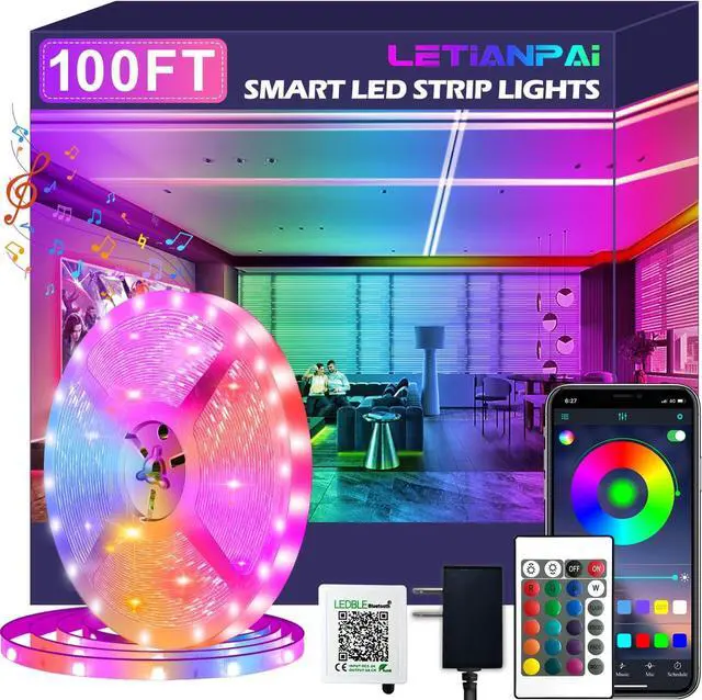Main image of 100ft Led Strip Lights Long Smart Led Light Strips Music Sync 5050 RGB Color Changing Rope Lights Bluetooth APP/IR Remote/Switch Box Control Led Lights for Bedroom Home Decoration Party Festival