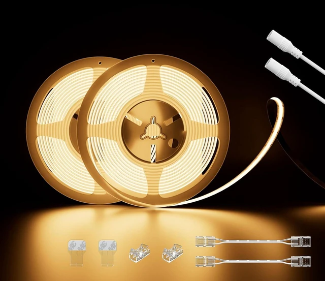 Main image of 48ft/15m Super Bright COB LED Strip Lights, 504 LEDs/m Warm White 2700K CRI90+ Flexible Tape, DC24V for Cabinet & Home DIY, with 2 COB Connectors (Power Supply Not Included)