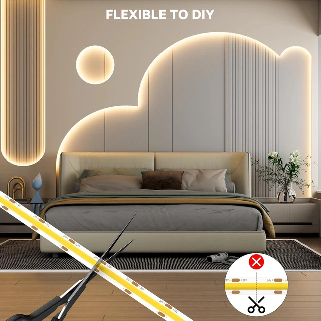 Alt view image 5 of 7 - 48ft/15m Super Bright COB LED Strip Lights, 504 LEDs/m Warm White 2700K CRI90+ Flexible Tape, DC24V for Cabinet & Home DIY, with 2 COB Connectors (Power Supply Not Included)