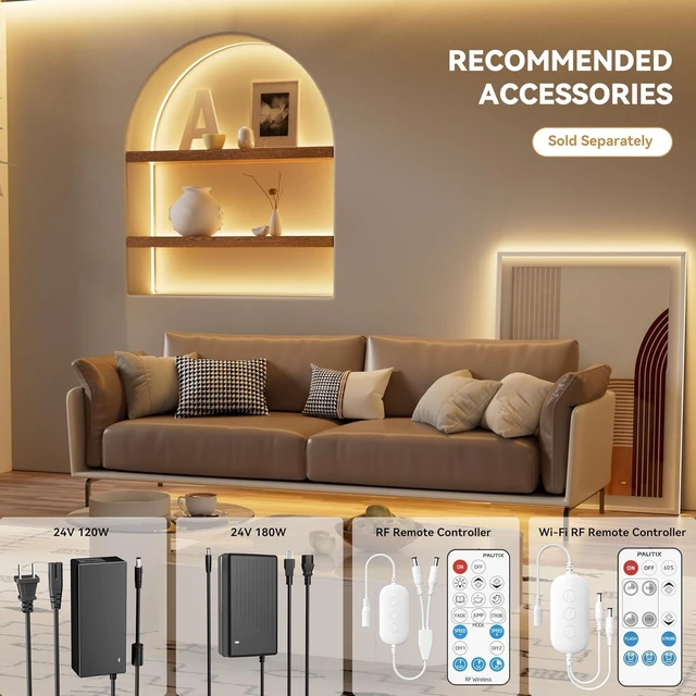 Alt view image 6 of 7 - 48ft/15m Super Bright COB LED Strip Lights, 504 LEDs/m Warm White 2700K CRI90+ Flexible Tape, DC24V for Cabinet & Home DIY, with 2 COB Connectors (Power Supply Not Included)