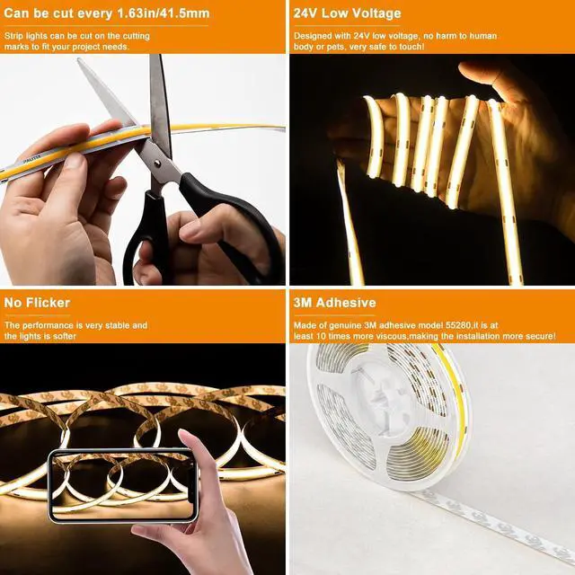 Alt view image 3 of 7 - COB LED Strip Light Warm White 2700K 504LEDs/m CRI90+ 32.8ft/10m Dimmable 24V LED Tape Lights Kit Work with Alexa/Google Assistant for Under Cabinet Bedroom Kitchen DIY Lighting